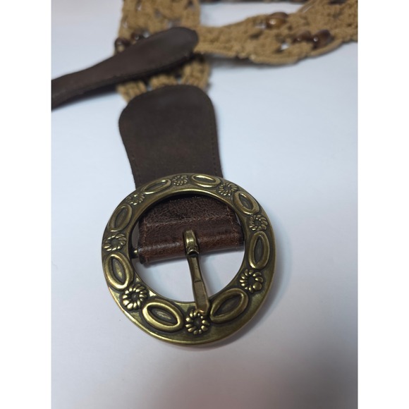 Landes Vintage Macrame Wood Bead Belt Brown Italian Leather Brass Buckle Large main image 6